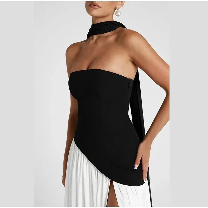 Women's Strapless Backless Maxi Dress with Ribbon Scarf - TrendLux Wear
