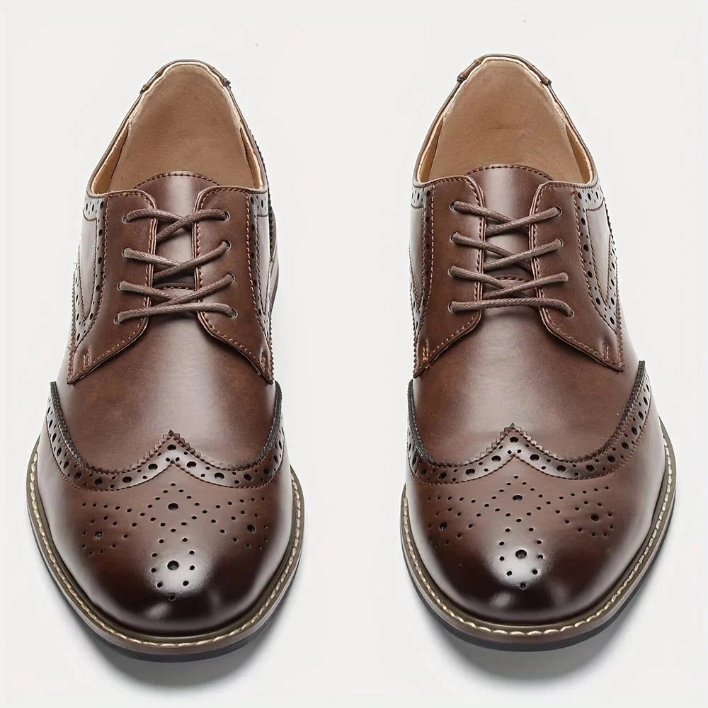 Men's lace-up brogue dress shoes by TrendLux Wear, classic leather oxfords in black and brown, stylish formal business footwear.