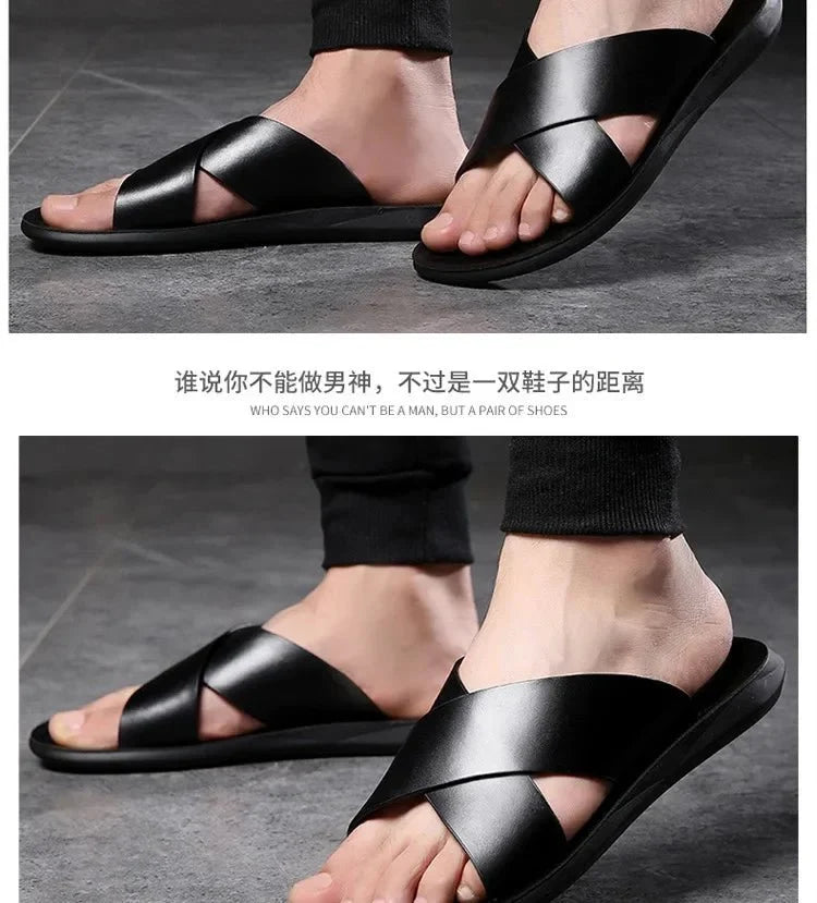 Men's genuine leather beach sandals by TrendLux Wear, non-slip casual flats in EU sizes 38-50, with brown leather straps and textured soles.