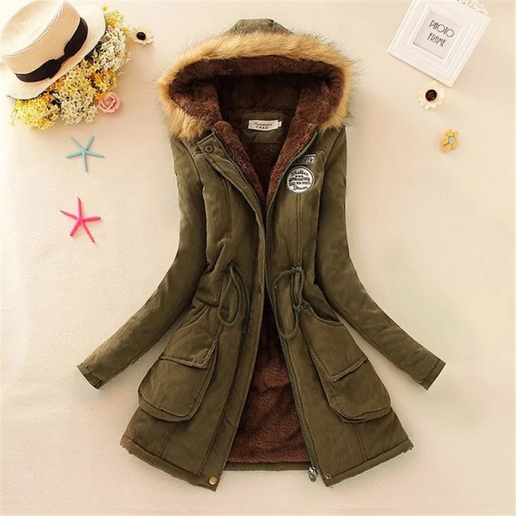 Women’s Military Hooded Puffer Parka – Cotton-Filled Fur-Trimmed Winter Coat
