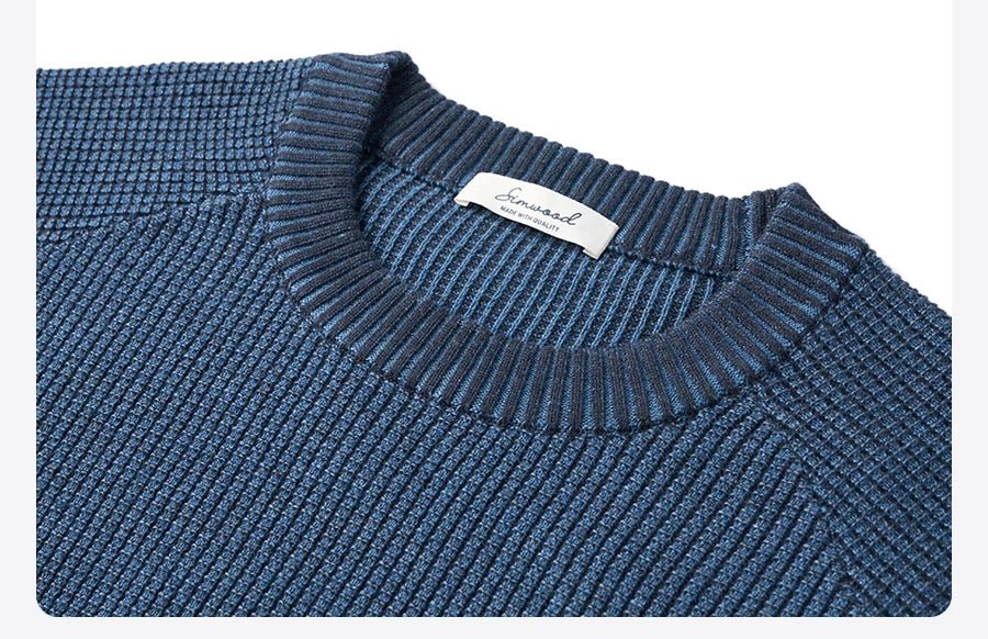 Men's oversized waffle-knit crewneck sweater in Heather Denim Blue by TrendLux Wear, casual pullover with textured knit pattern.