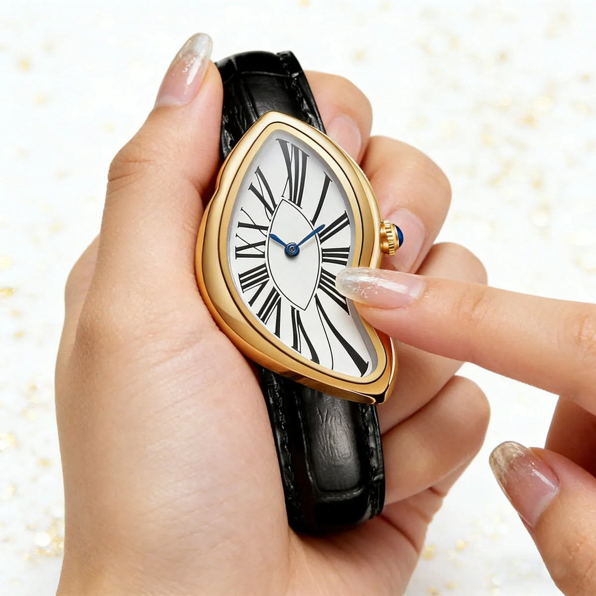 Women's Retro Y2K TrendLux Wear watch with irregular alloy case and leather strap, featuring a quartz movement.