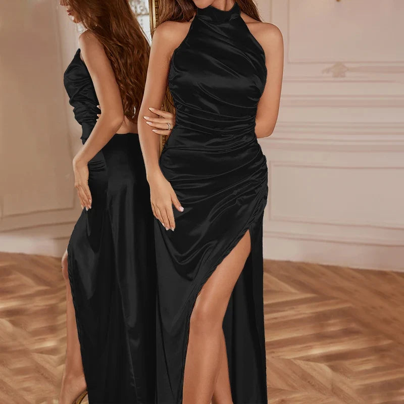 Satin Halter Backless Evening Dress with Side Slit