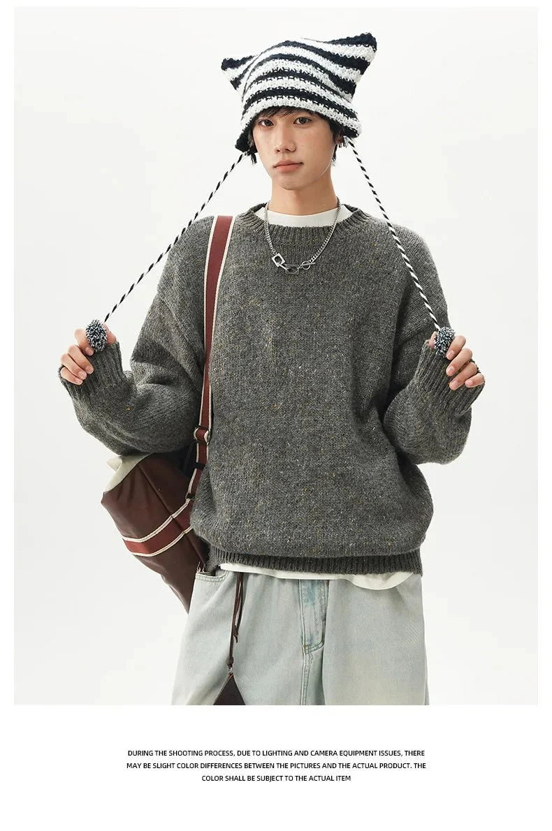 Men's oversized round neck pullover sweater by TrendLux Wear in warm polyester knit, shown in three different colors.