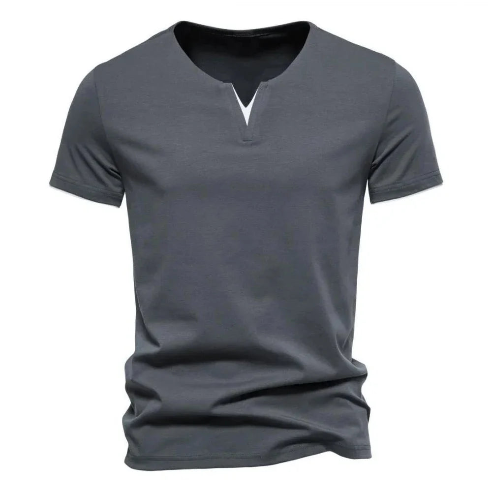 Men's slim fit Henley T-shirt by TrendLux Wear, breathable moisture-wicking tee in black, white, or grey, size S to 3XL.