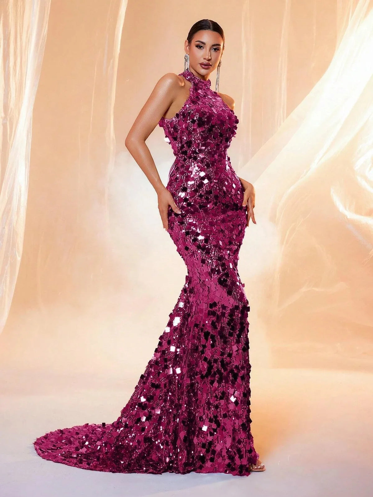 Brown Sequin Halter Backless Maxi Evening Dress - TrendLux Wear