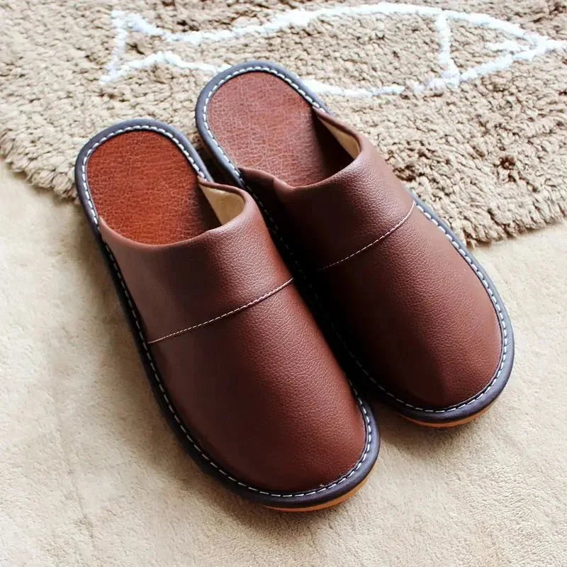 Men's and women's genuine leather indoor slippers by TrendLux Wear, soft flat house shoes in EU sizes 35-44.