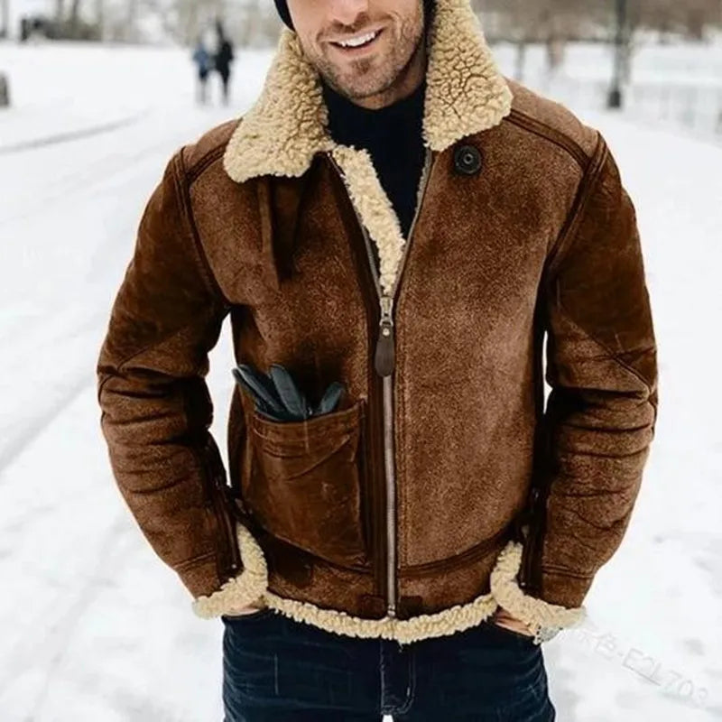 Men's Faux Leather Suede Fur-Lined Winter Jacket – Turn Down Collar Coat
