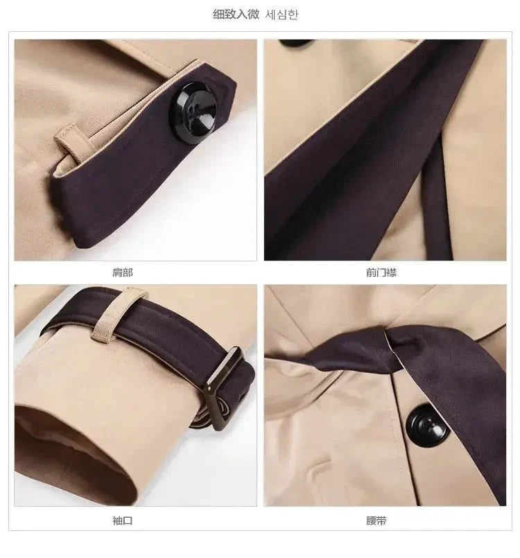 Women's double-breasted long trench coat by TrendLux Wear, shown in beige with classic collar and belt details.