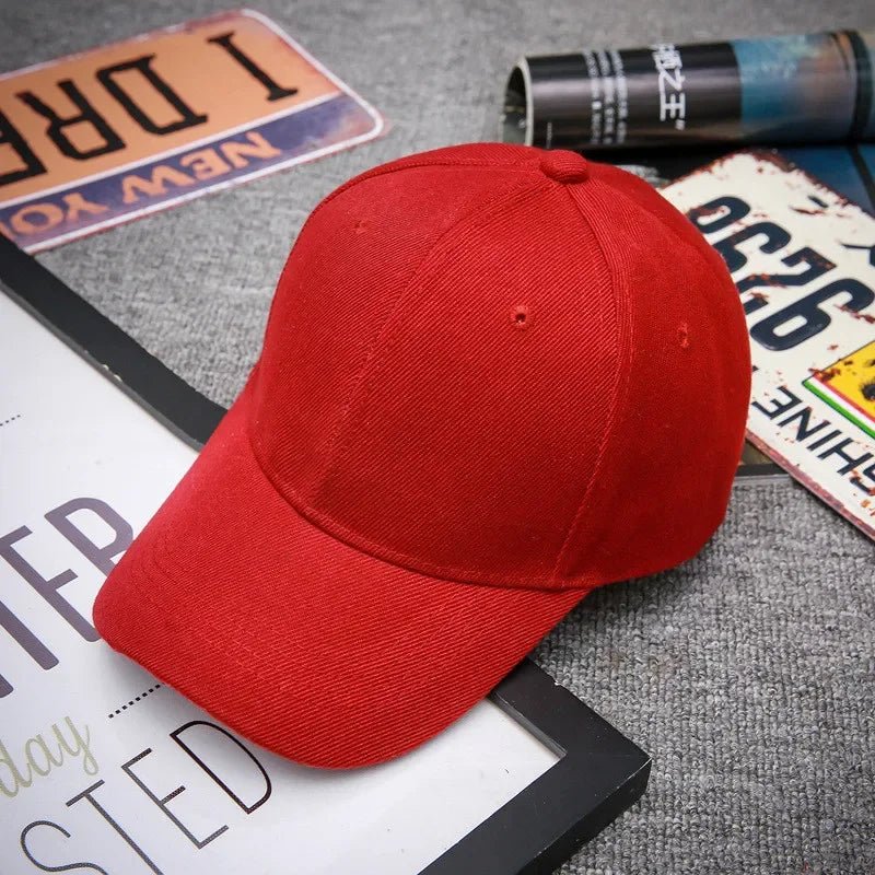 Unisex plain baseball cap by TrendLux Wear, adjustable structured hat in various colors, shown in a close-up view.