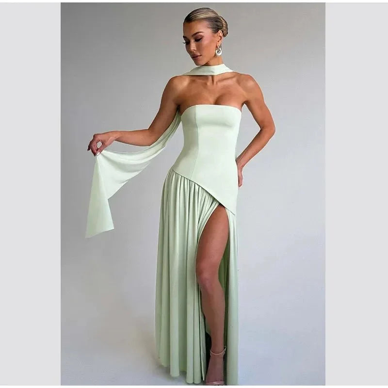 Women's Strapless Backless Maxi Dress with Ribbon Scarf - TrendLux Wear