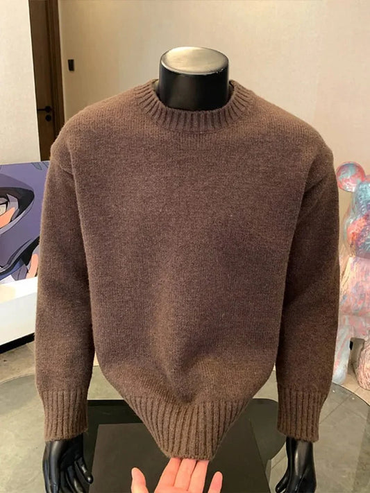 Men's cashmere-blend round neck pullover sweater by TrendLux Wear in five fall winter colors, displayed on a model.