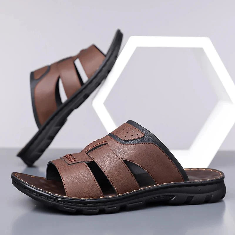 Men's handmade leather half-drag slippers by TrendLux Wear, lightweight outdoor slides in EU sizes 38-58, shown in natural tan leather.