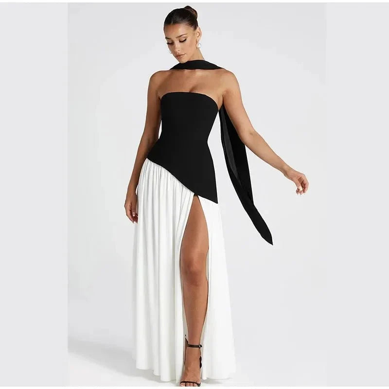 Women's Strapless Backless Maxi Dress with Ribbon Scarf - TrendLux Wear