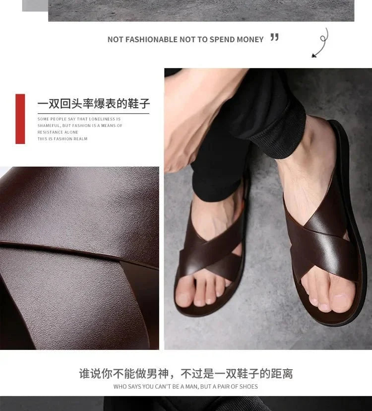 Men's genuine leather beach sandals from TrendLux Wear, casual non-slip flats in EU sizes 38 to 50, shown in a relaxed outdoor setting.