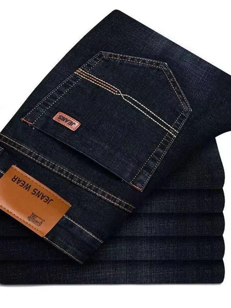 Men's elastic straight leg jeans in classic blue and black by TrendLux Wear, casual work denim in sizes 28-40.