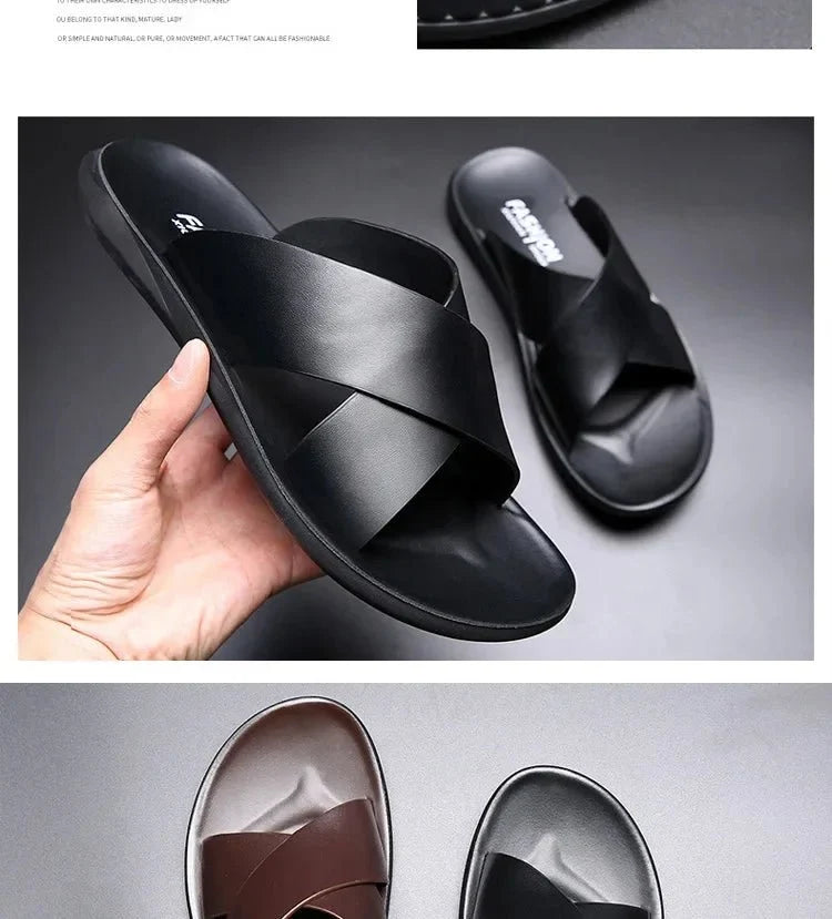 Men's genuine leather beach sandals by TrendLux Wear, non-slip casual flats in EU sizes 38 to 50, featuring comfortable footbed and stylish design.