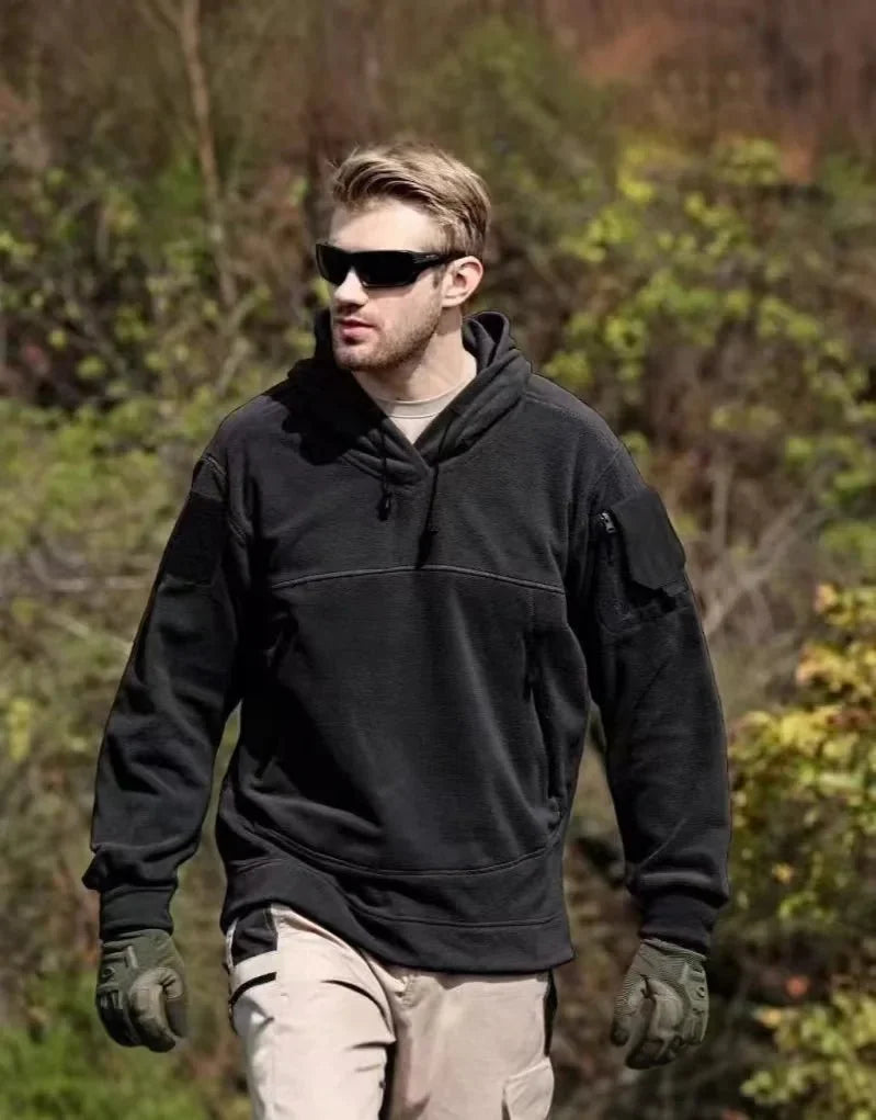Men's tactical outdoor hoodie by TrendLux Wear, thick fleece sportswear with multifunctional design for autumn and winter.