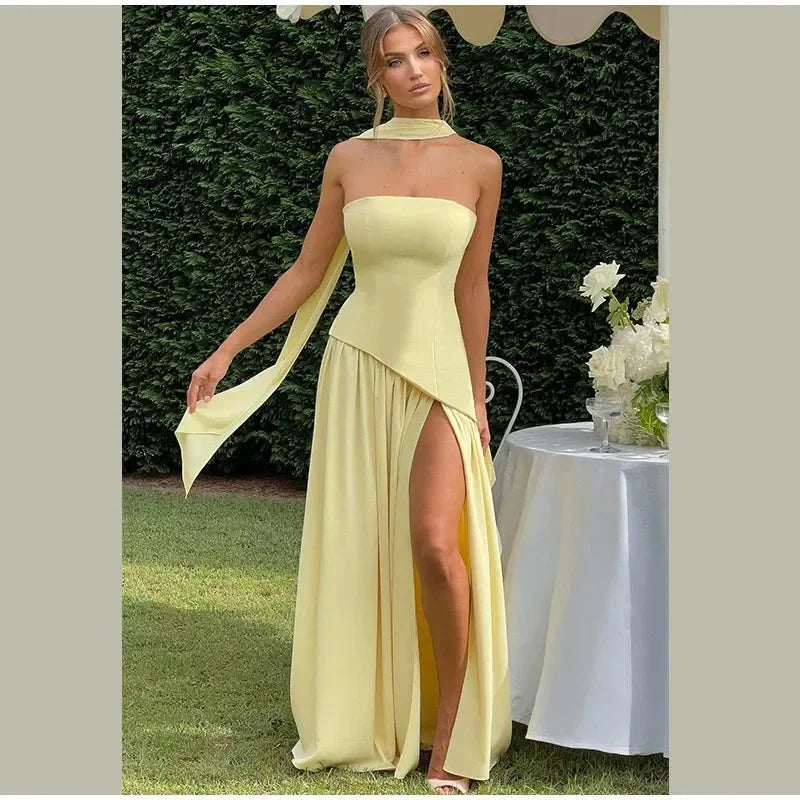 Women's Strapless Backless Maxi Dress with Ribbon Scarf - TrendLux Wear