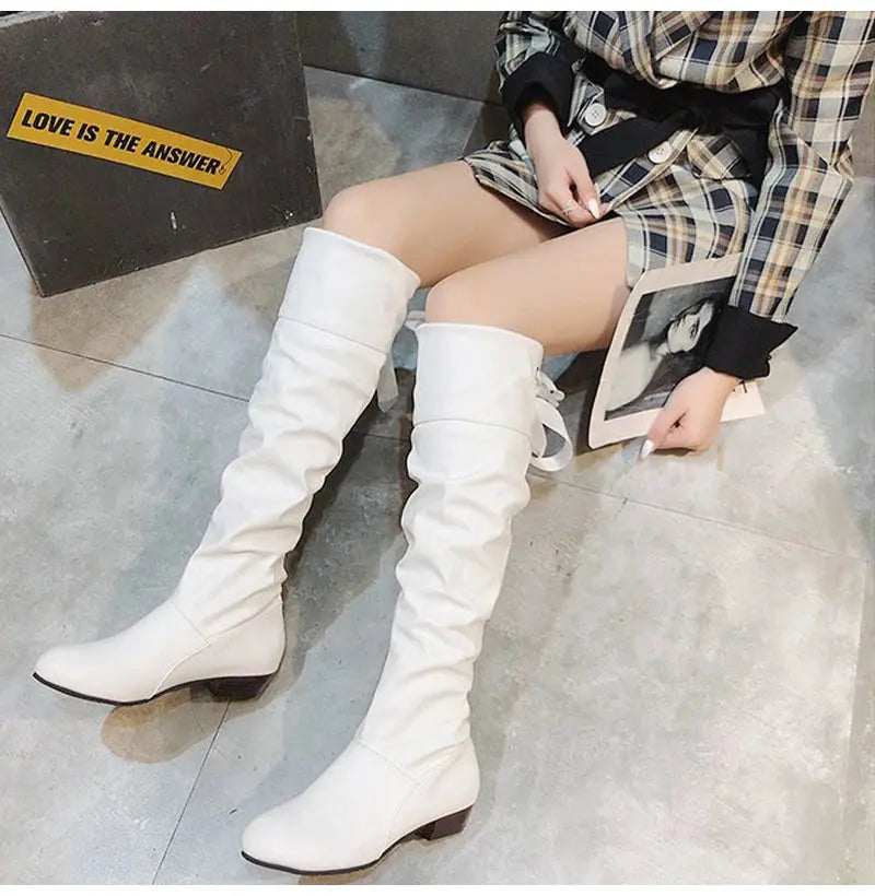 TrenLux Wear Women's Pleated Lace-Up Knee-High Boots — Low Heel, Black, White & Red, Sizes 35–43 TrenLux Wear