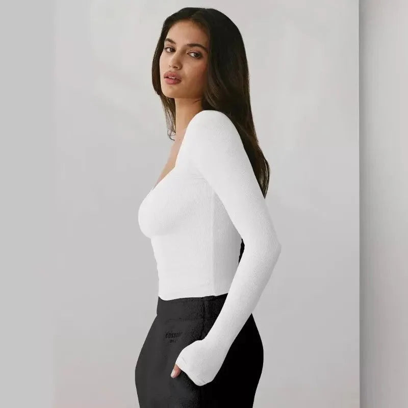 Women's Y2K square neck long-sleeve top by TrendLux Wear, slim fit viscose blend t-shirt, perfect for fall and winter.