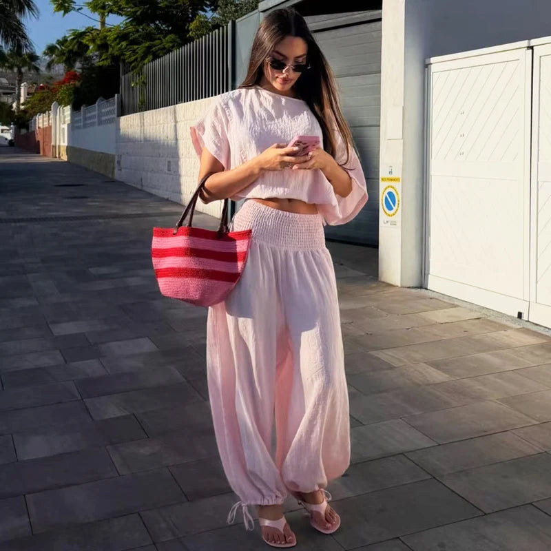 TrendLux Women's Pink High Waist Wide Leg Balloon Pants – Casual Summer Trousers