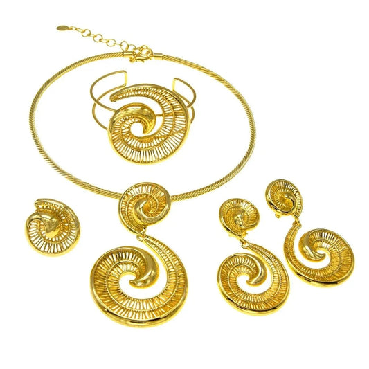Women's gold plated jewellery set featuring matching necklace and earrings, stylish and elegant TrendLux Wear accessories.