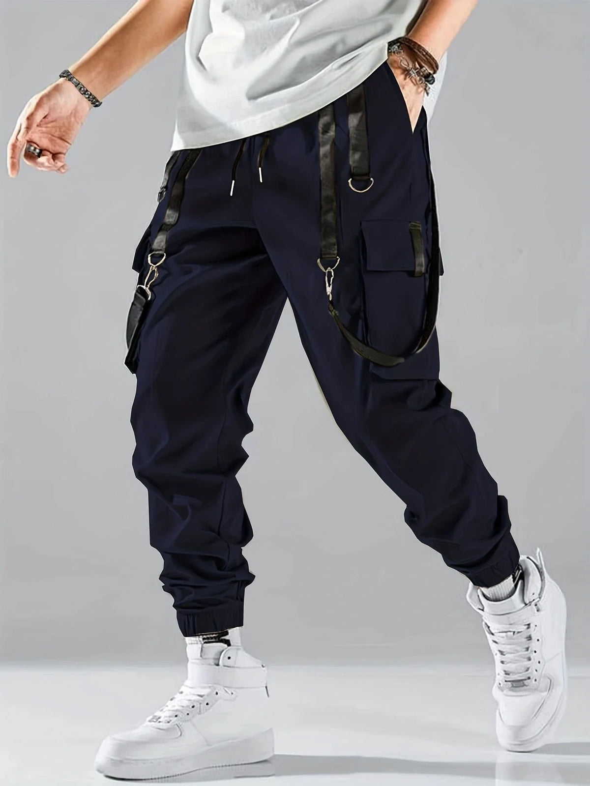 Men's Techwear cargo joggers by TrendLux Wear featuring drawstrings and multiple pockets in a modern hip hop style.