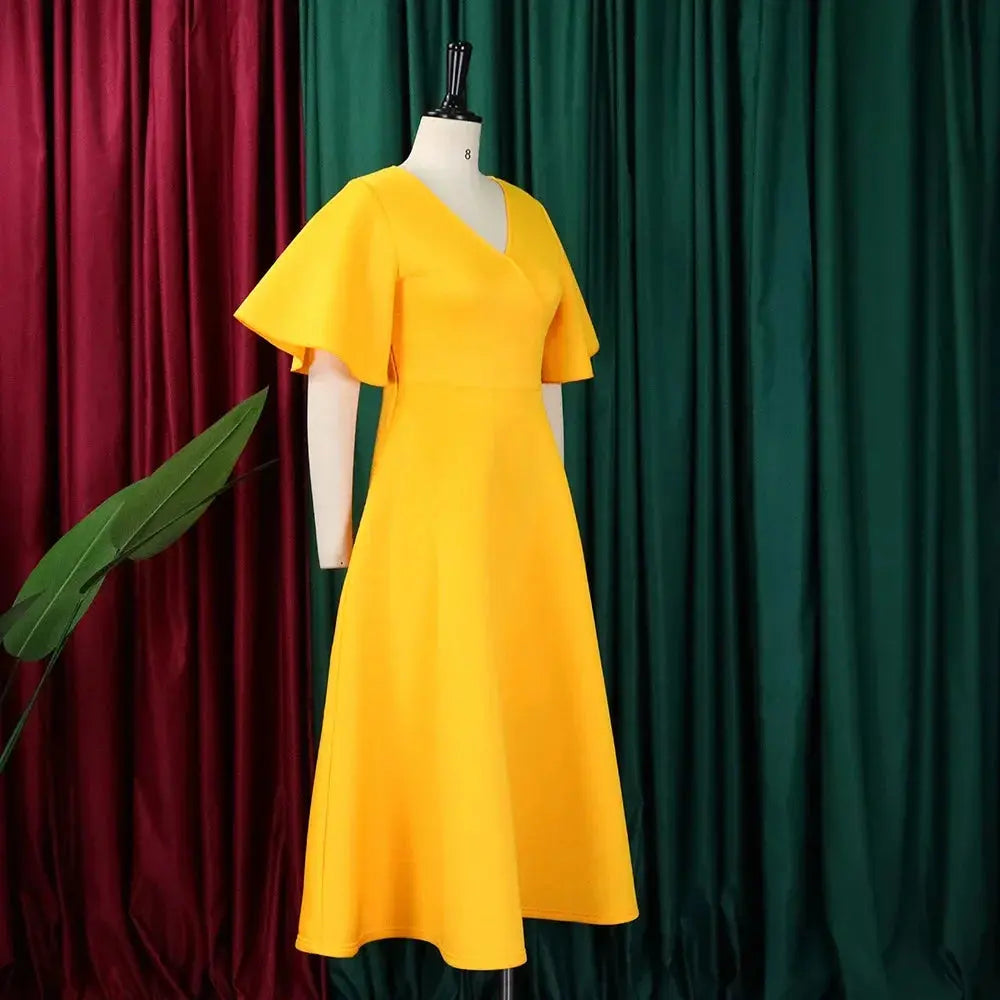 TrenLux Wear Women's Polyester High Waist Flare Sleeve Pleated A-Line Midi Dress The Glow Sanctuary