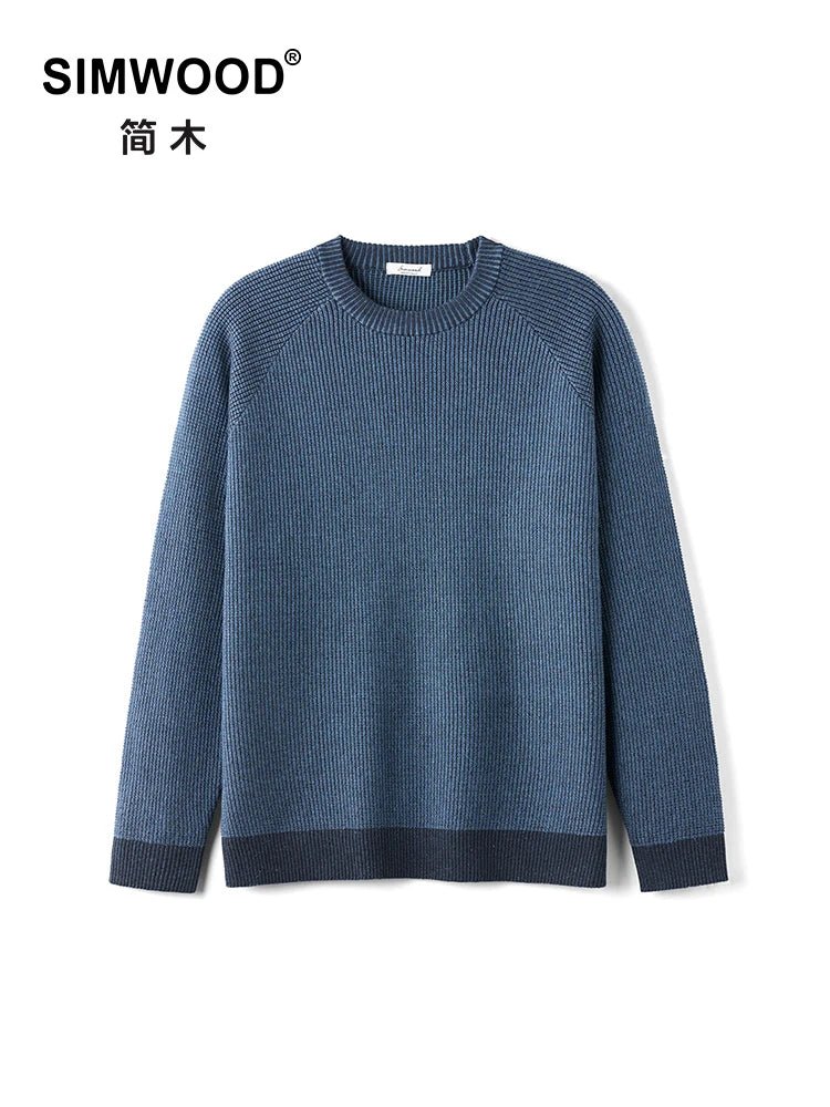 Men's Heather Denim Blue waffle-knit crewneck sweater by TrendLux Wear, casual oversized pullover with textured knit pattern.