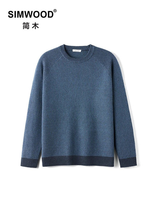 Men's Heather Denim Blue waffle-knit crewneck sweater by TrendLux Wear, casual oversized pullover with textured knit pattern.