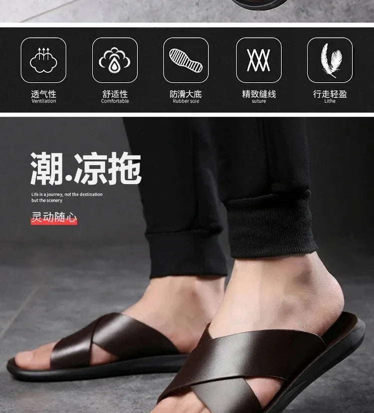Men's genuine leather beach sandals by TrendLux Wear, non-slip casual flats in EU sizes 38–50, shown in a natural outdoor setting.