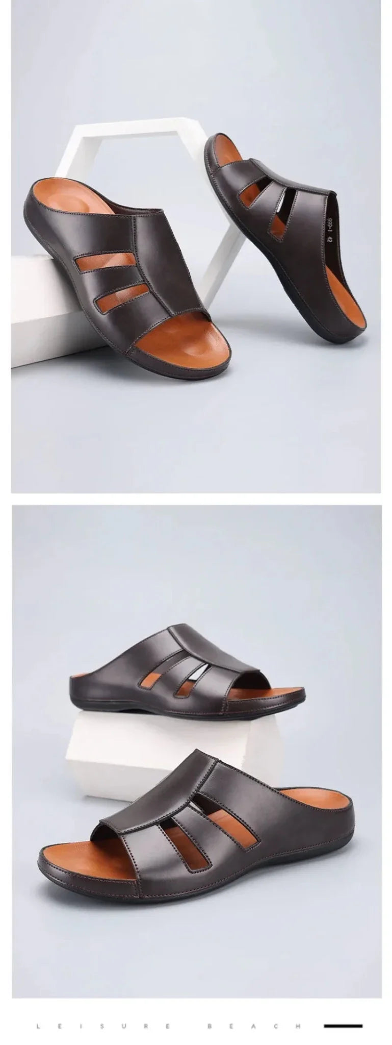 Men's luxury handmade leather peep-toe slippers by TrendLux Wear, casual beach slides in EU sizes 40-46, styled for comfort and style.