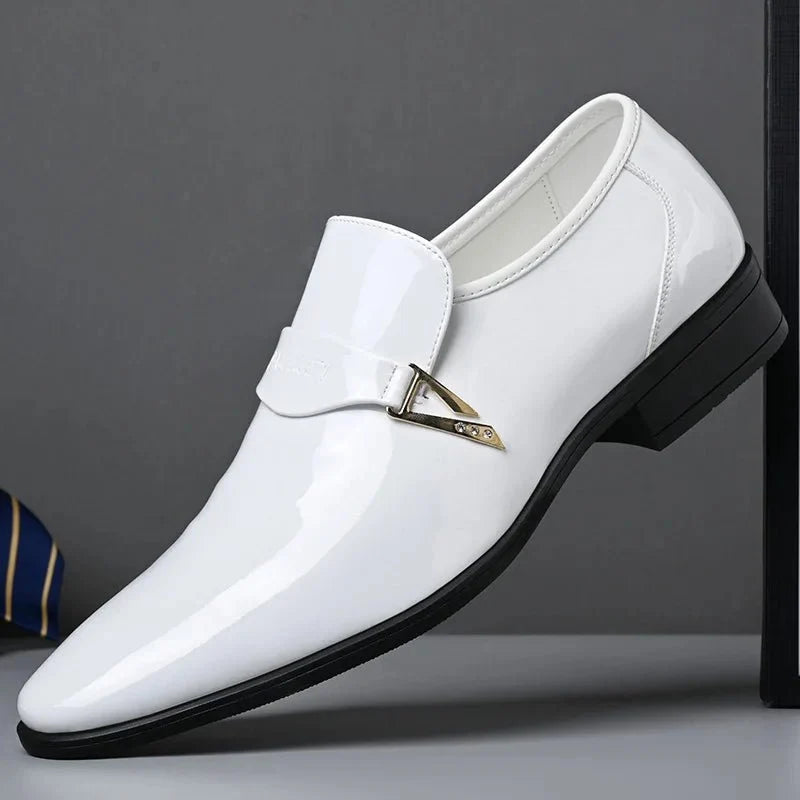Men's black patent leather pointed toe loafers by TrendLux Wear, slip-on dress shoes with sleek business casual style.
