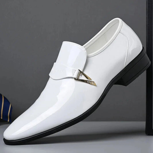 Men's black patent leather pointed toe loafers by TrendLux Wear, slip-on dress shoes with sleek business casual style.