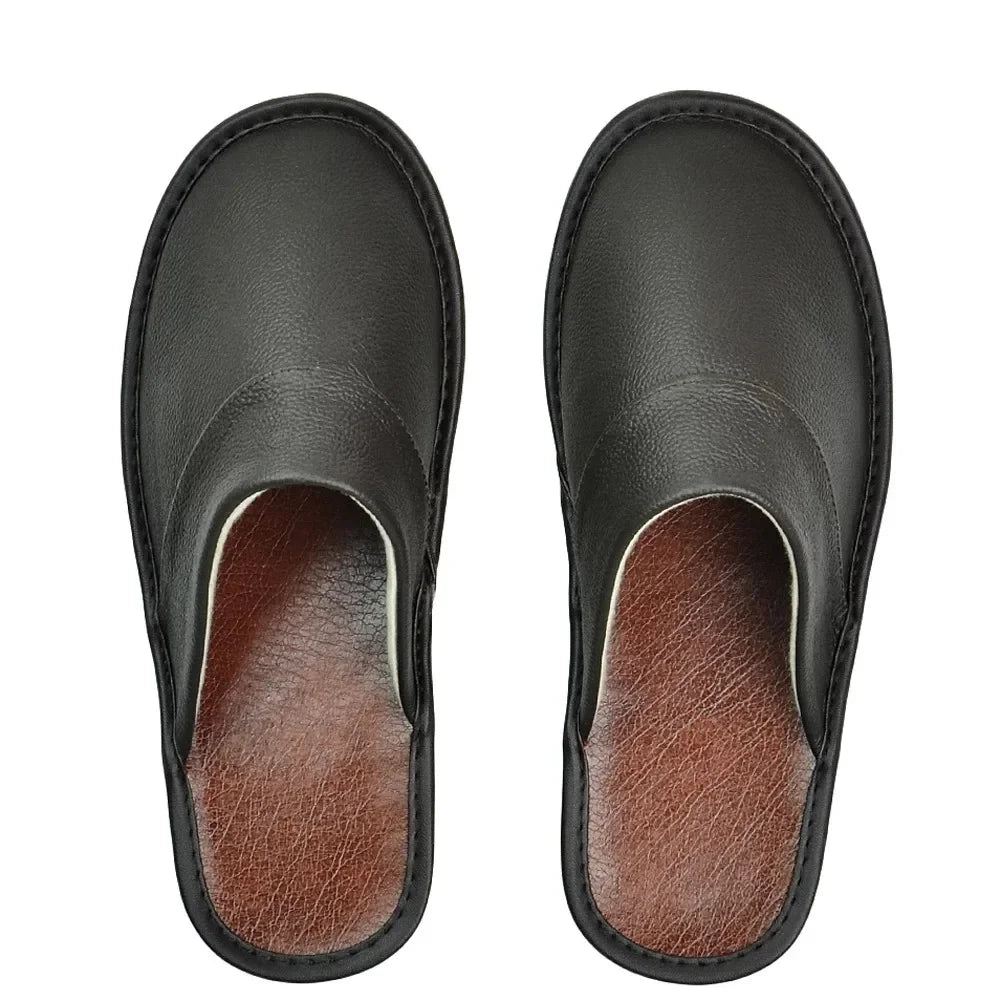 Men's and women's genuine leather indoor slippers by TrendLux Wear, soft flat house shoes in EU sizes 35-44.