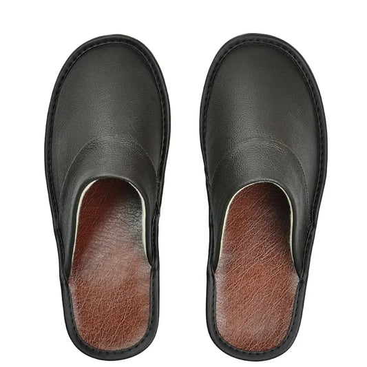 Men's and women's genuine leather indoor slippers by TrendLux Wear, soft flat house shoes in EU sizes 35-44.