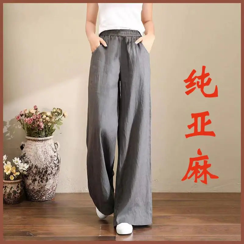TrendLux Women's Linen Cotton Casual Trousers – Elastic Waist Wide Leg Pants