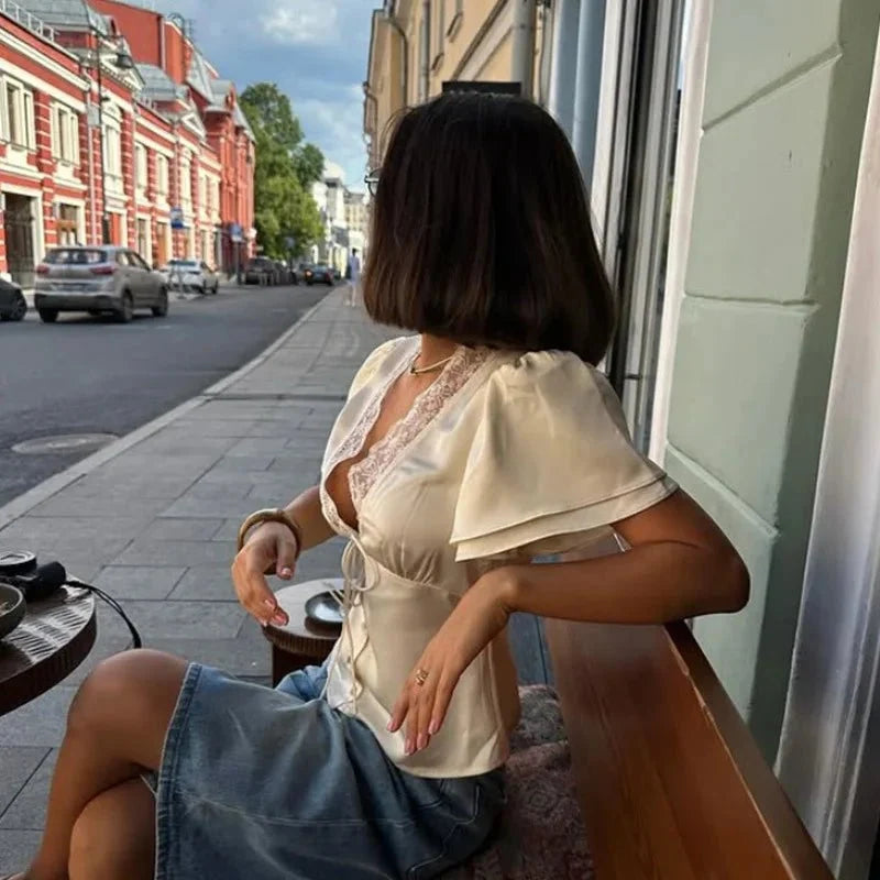 Women’s solid lace V-neck short sleeve satin top by TrenLux Wear, stylish streetwear tee with slim fit for summer.
