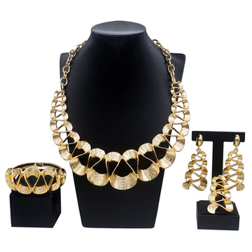 Women's Gold Plated Wavy Pendant Necklace & Earrings Set. TrenLux Wear
