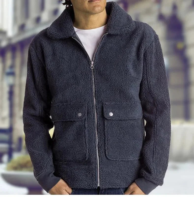 Men's double pocket Sherpa zip-up jacket by TrendLux Wear, featuring a cozy outdoor streetwear coat with front pockets.