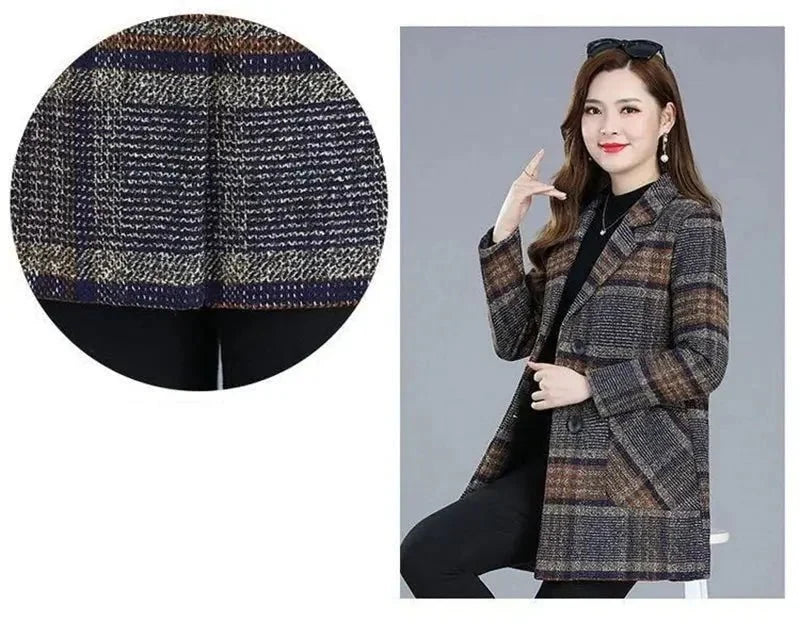 Women's plaid woolen overcoat by TrendLux Wear, classic outerwear with a stylish checkered pattern and tailored fit.