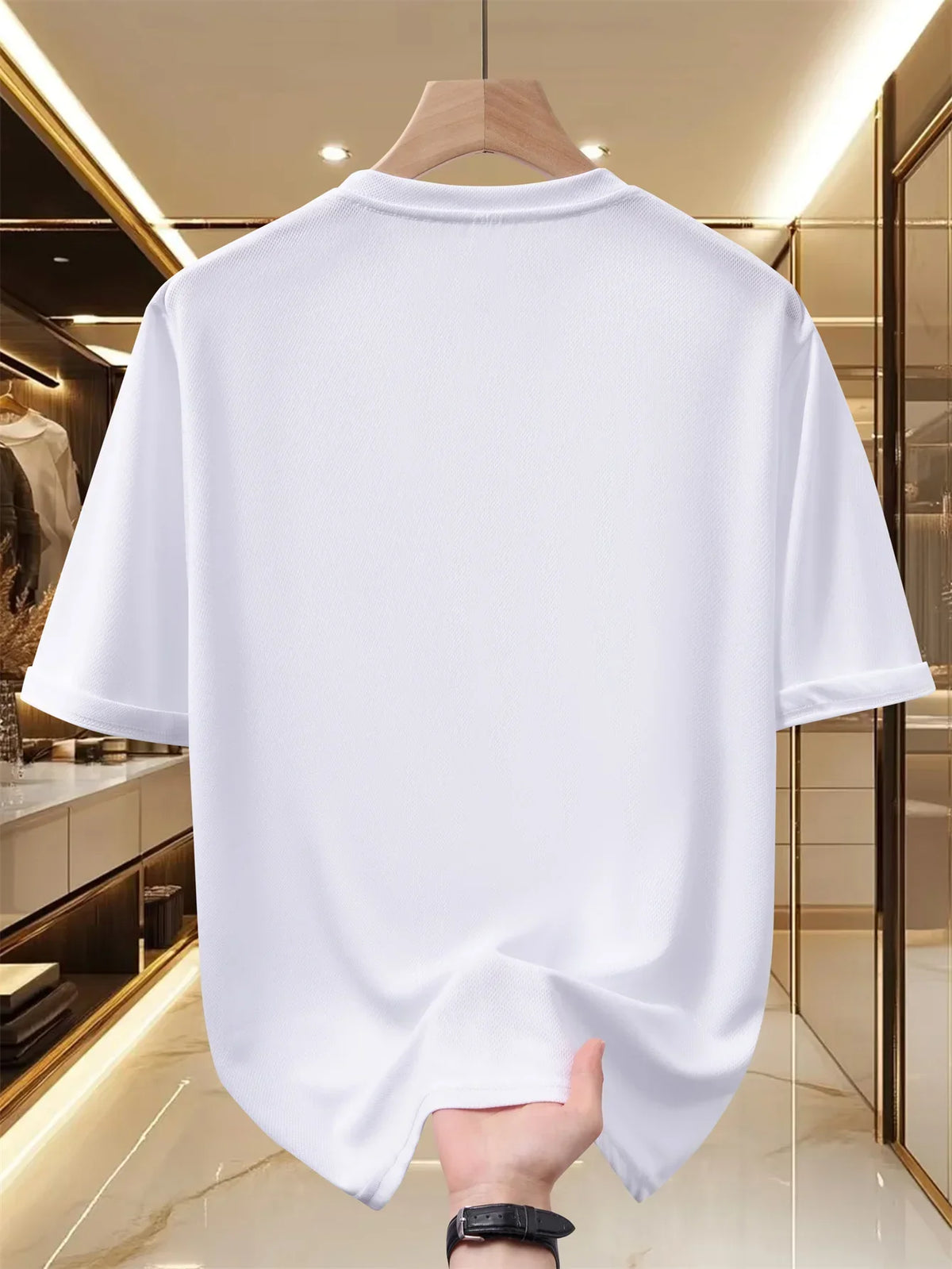 Men's quick-dry graphic T-shirt by TrendLux Wear in navy and white, breathable polyester crewneck tee, available in sizes S to XXL.