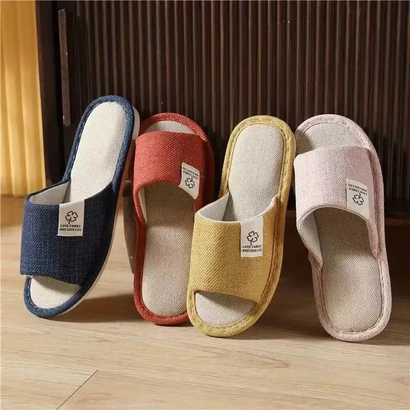 TrendLux Wear men's and women's linen open-toe slippers with breathable design, perfect for spring, summer, and autumn.