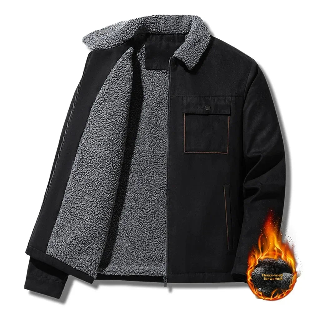 Men's fleece-lined suede workwear jacket by TrendLux Wear, windproof business casual coat with durable suede exterior and warm interior.