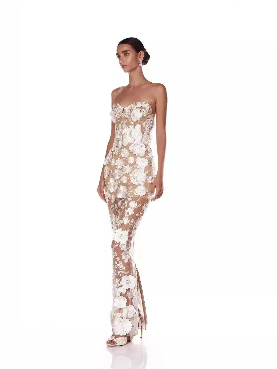 Floral Appliqué Strapless Sweetheart Evening Gown - TrendLux Wear