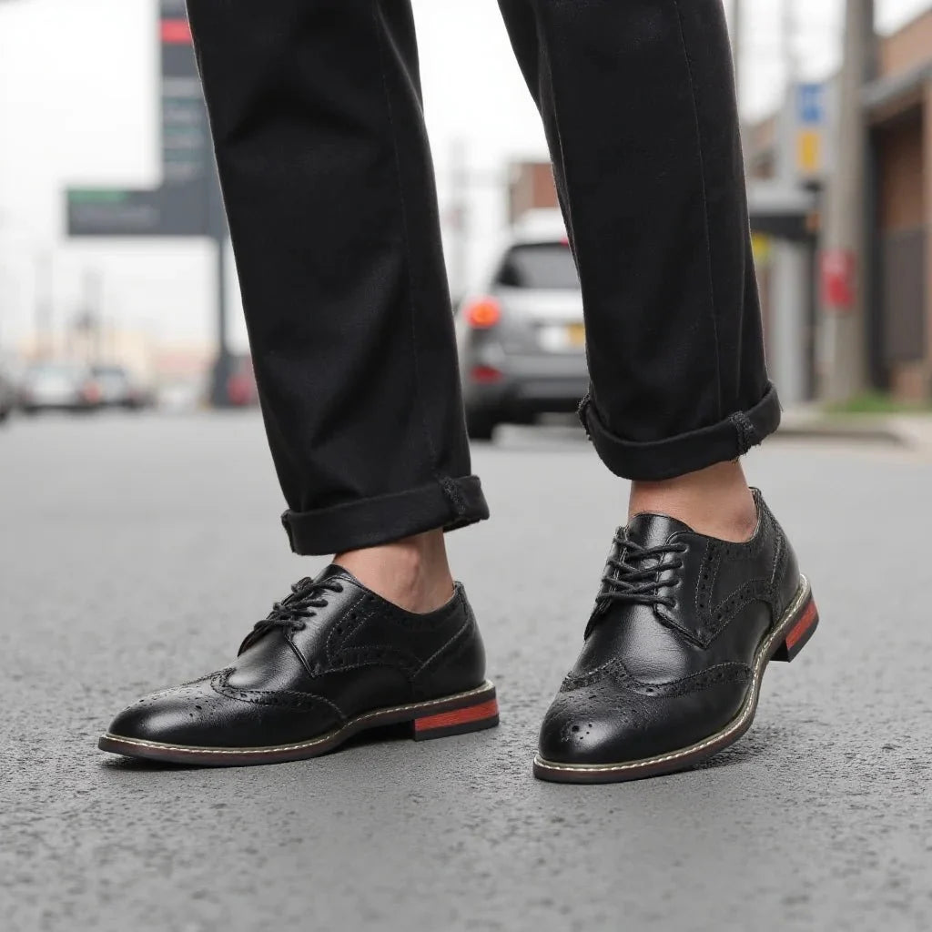 Black men's lace-up brogue dress shoes by TrendLux Wear, crafted from leather with classic wingtip detailing for formal occasions.