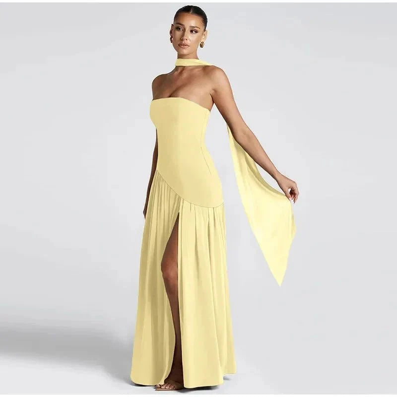 Women's Strapless Backless Maxi Dress with Ribbon Scarf - TrendLux Wear