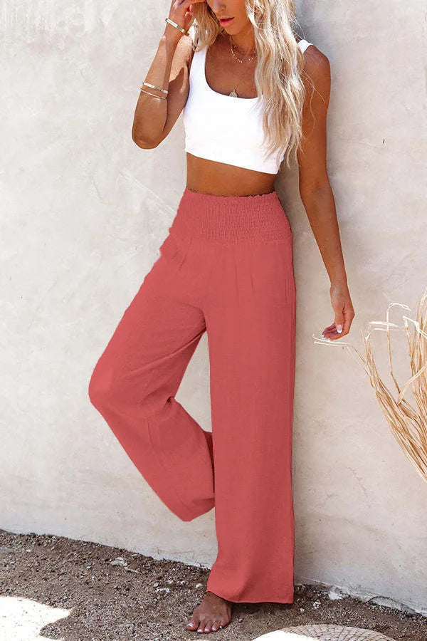 TrendLux Women's Linen Cotton Casual Trousers – Elastic Waist Wide Leg Pants