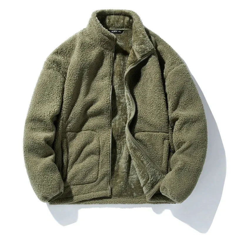 Men's loose fleece streetwear jacket with stand collar in plus sizes, TrendLux Wear, shown in a cozy, casual fit.
